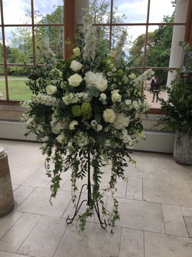 WHITE ROSE AND HYDRANGEA PEDESTAL ARRANGEMENT