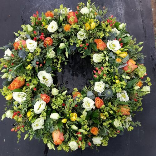 ORANGE ROSE AND THISTLE WREATH